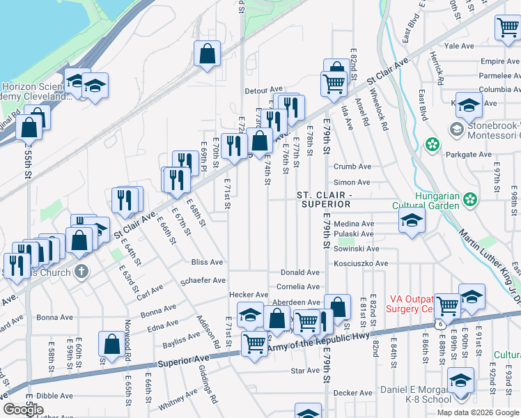 map of restaurants, bars, coffee shops, grocery stores, and more near 1064 East 74th Street in Cleveland