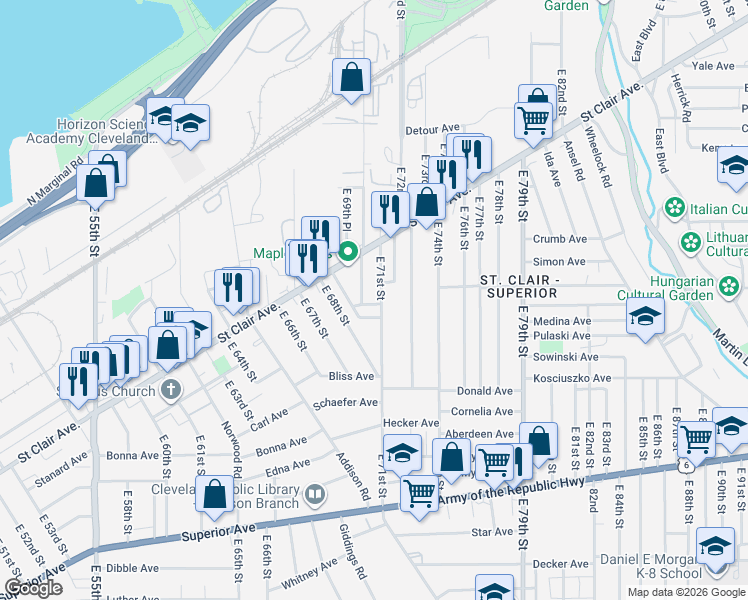 map of restaurants, bars, coffee shops, grocery stores, and more near 1047 East 70th Street in Cleveland