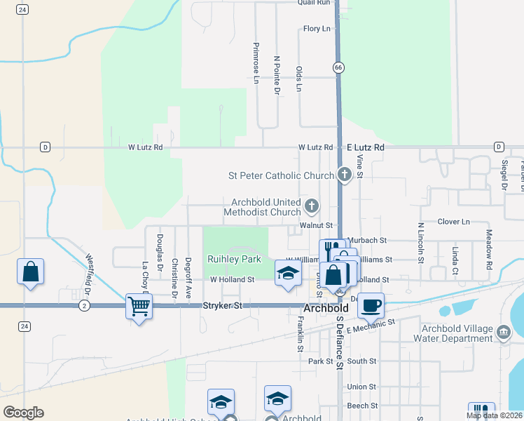 map of restaurants, bars, coffee shops, grocery stores, and more near 311 Buckeye Street in Archbold