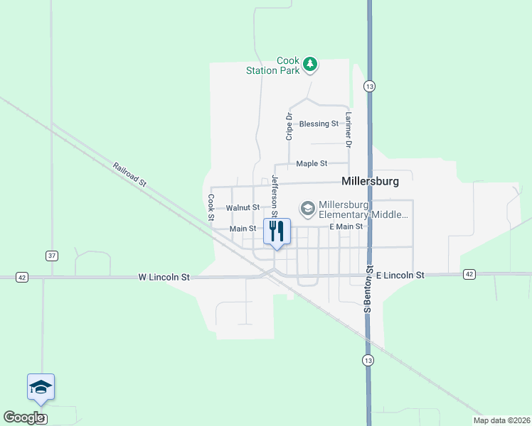map of restaurants, bars, coffee shops, grocery stores, and more near 100-112 Walnut Street in Millersburg