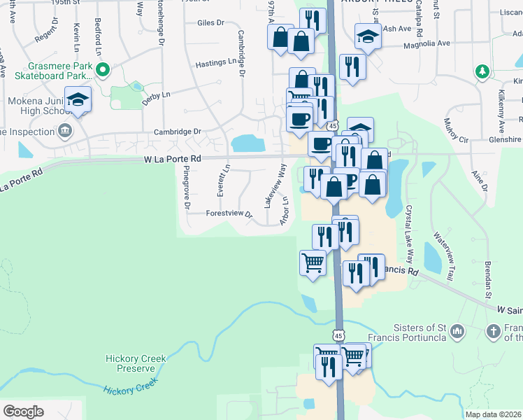 map of restaurants, bars, coffee shops, grocery stores, and more near 9828 Forestview Drive in Mokena