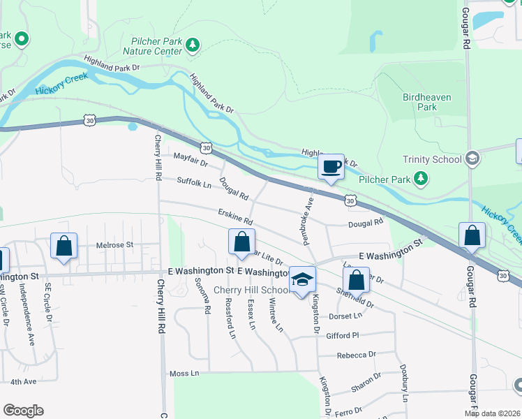 map of restaurants, bars, coffee shops, grocery stores, and more near 2460 Dougal Road in Joliet