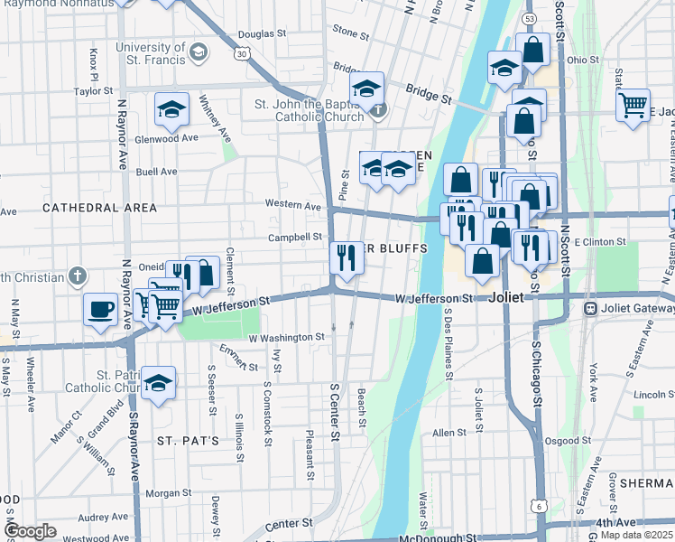 map of restaurants, bars, coffee shops, grocery stores, and more near 116 North Center Street in Joliet