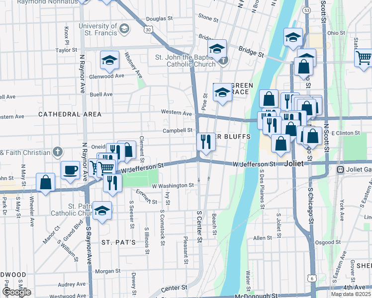 map of restaurants, bars, coffee shops, grocery stores, and more near 406 Oneida Street in Joliet