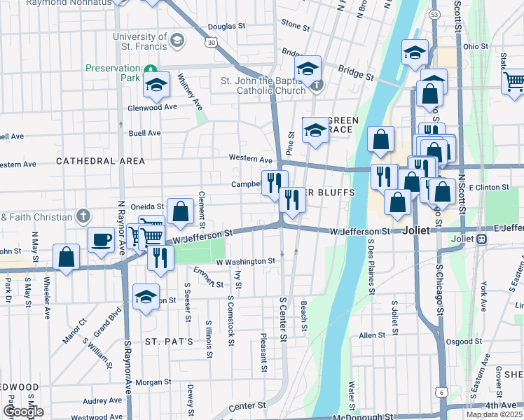 map of restaurants, bars, coffee shops, grocery stores, and more near 406 Oneida Street in Joliet