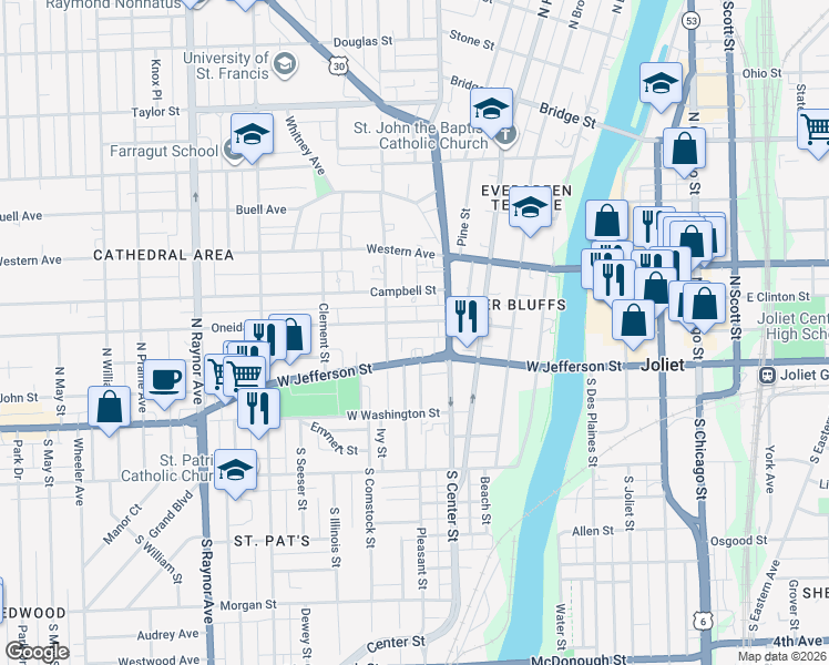 map of restaurants, bars, coffee shops, grocery stores, and more near 406 Oneida Street in Joliet