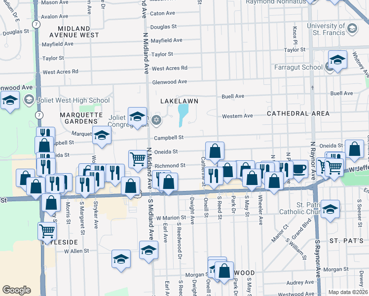 map of restaurants, bars, coffee shops, grocery stores, and more near 1211 Oneida Street in Joliet
