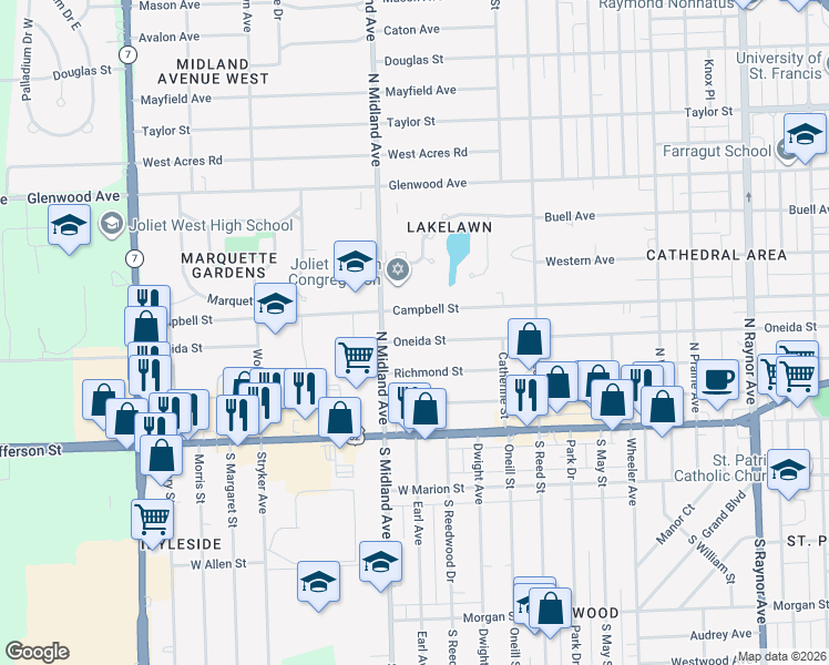 map of restaurants, bars, coffee shops, grocery stores, and more near 1313 Oneida Street in Joliet
