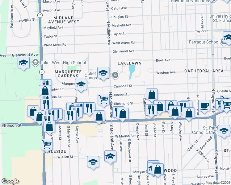 map of restaurants, bars, coffee shops, grocery stores, and more near 1313 Oneida Street in Joliet