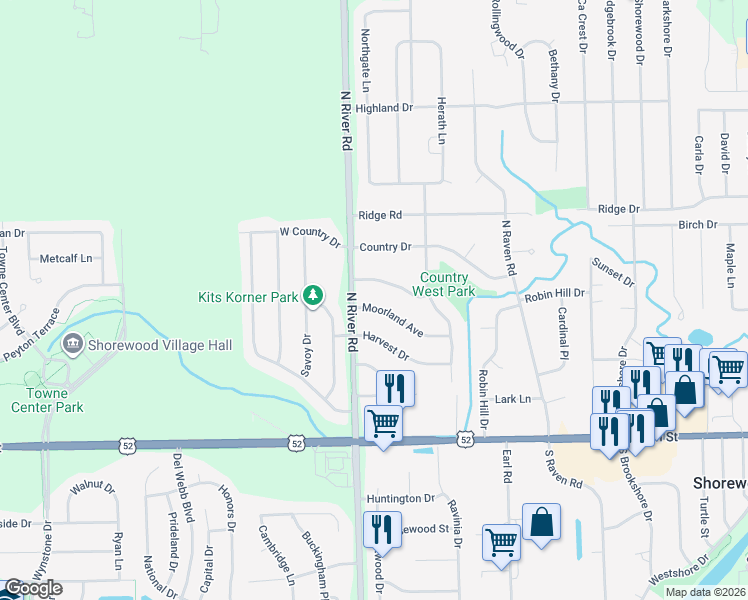 map of restaurants, bars, coffee shops, grocery stores, and more near 1111 Rushwood Avenue in Shorewood