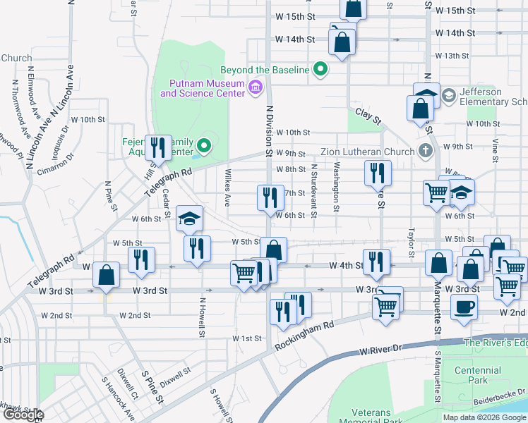 map of restaurants, bars, coffee shops, grocery stores, and more near 608 North Division Street in Davenport