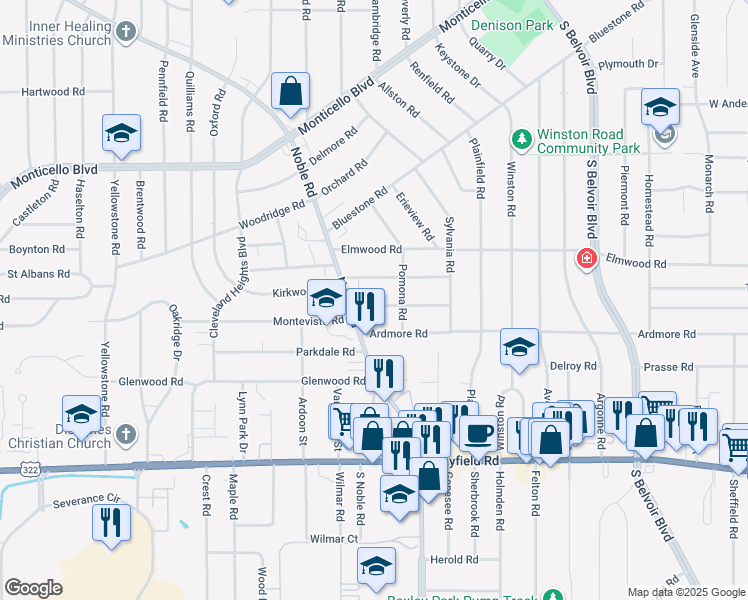map of restaurants, bars, coffee shops, grocery stores, and more near 3947 Rosemond Road in Cleveland Heights