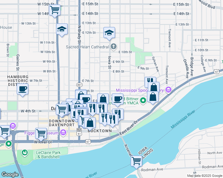 map of restaurants, bars, coffee shops, grocery stores, and more near 402 East 6th Street in Davenport