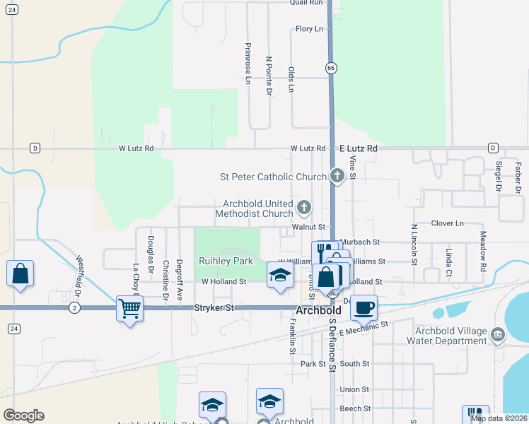 map of restaurants, bars, coffee shops, grocery stores, and more near 311 Buckeye Street in Archbold