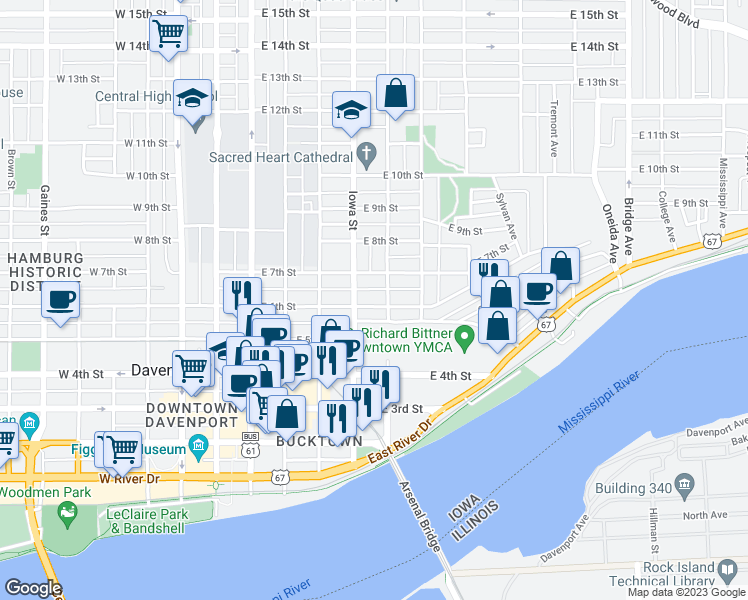 map of restaurants, bars, coffee shops, grocery stores, and more near 420 East 6th Street in Davenport