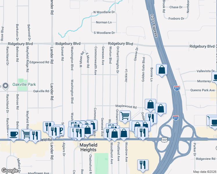 map of restaurants, bars, coffee shops, grocery stores, and more near 1267 Worton Boulevard in Mayfield Heights