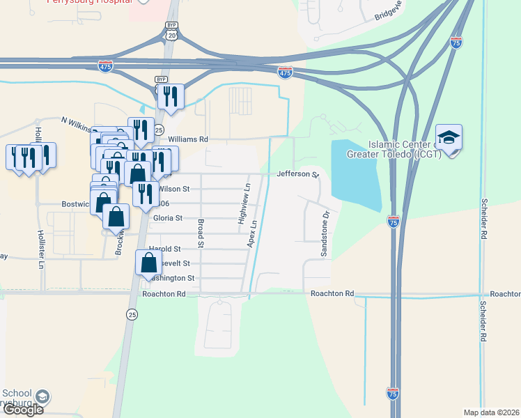map of restaurants, bars, coffee shops, grocery stores, and more near 25777 Apex Lane in Perrysburg
