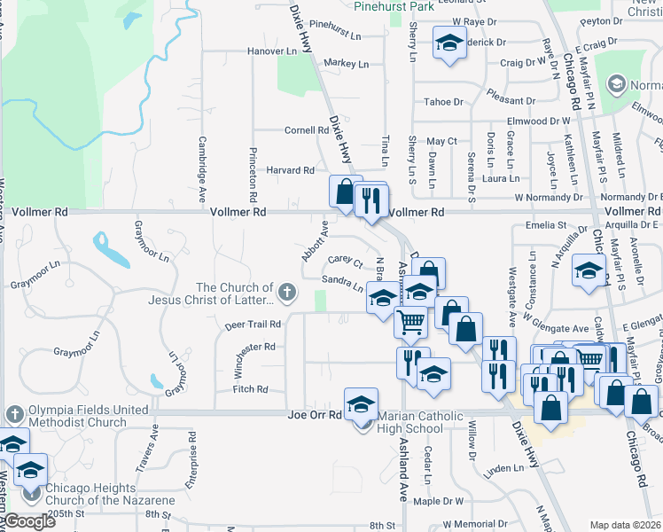 map of restaurants, bars, coffee shops, grocery stores, and more near 420 Carey Court in Chicago Heights