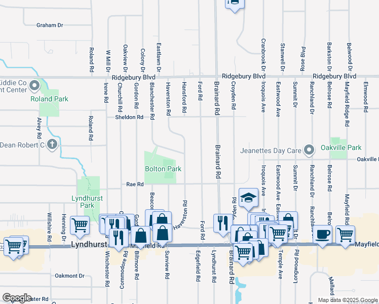 map of restaurants, bars, coffee shops, grocery stores, and more near 1251 Haverston Road in Lyndhurst