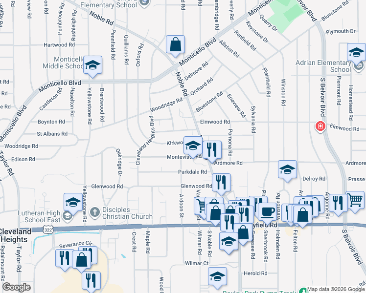 map of restaurants, bars, coffee shops, grocery stores, and more near 3856 Kirkwood Rd in Cleveland Heights