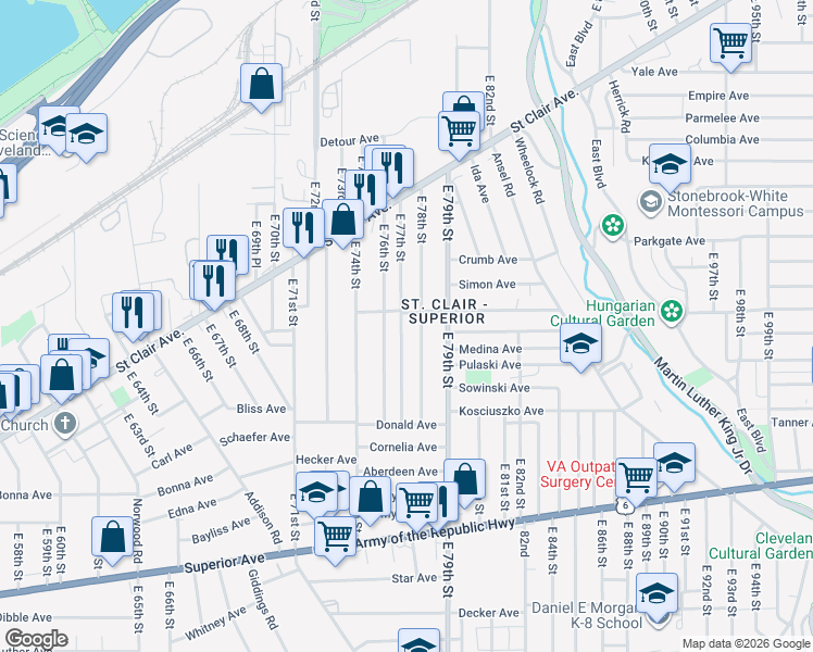 map of restaurants, bars, coffee shops, grocery stores, and more near 1063 East 76th Street in Cleveland