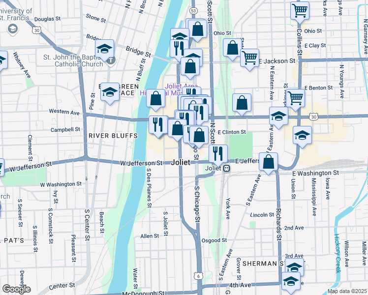 map of restaurants, bars, coffee shops, grocery stores, and more near 16 West Van Buren Street in Joliet