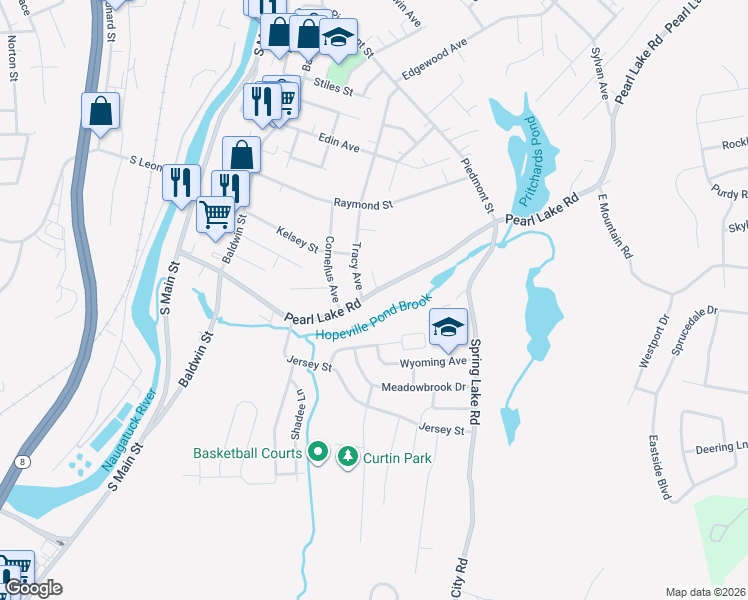 map of restaurants, bars, coffee shops, grocery stores, and more near 334 Pearl Lake Road in Waterbury