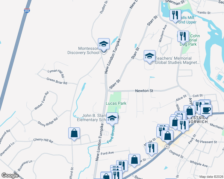 map of restaurants, bars, coffee shops, grocery stores, and more near 176 Starr Street in Norwich