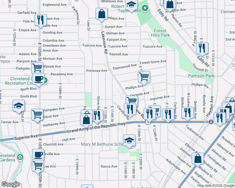 map of restaurants, bars, coffee shops, grocery stores, and more near 1155 Artwood Drive in Cleveland