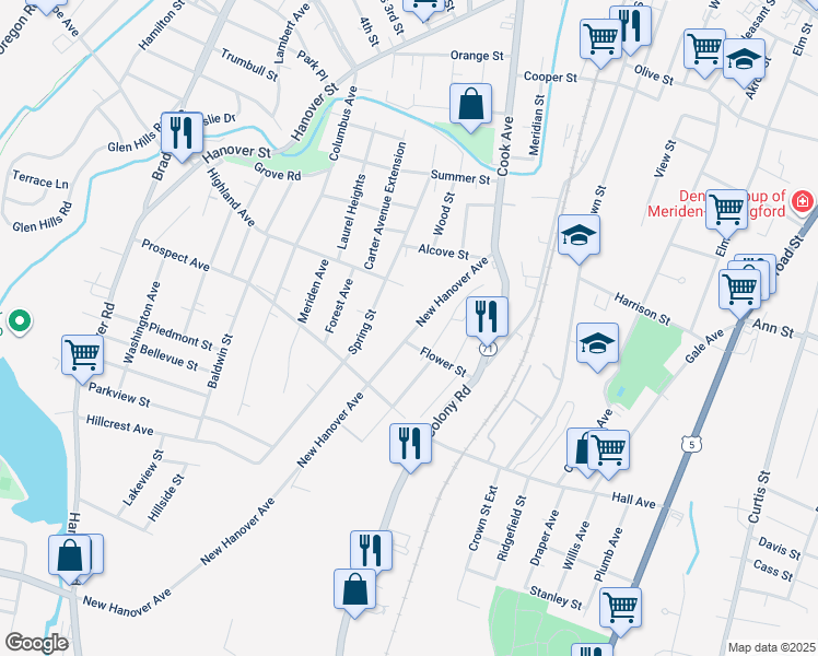 map of restaurants, bars, coffee shops, grocery stores, and more near 102 New Hanover Avenue in Meriden