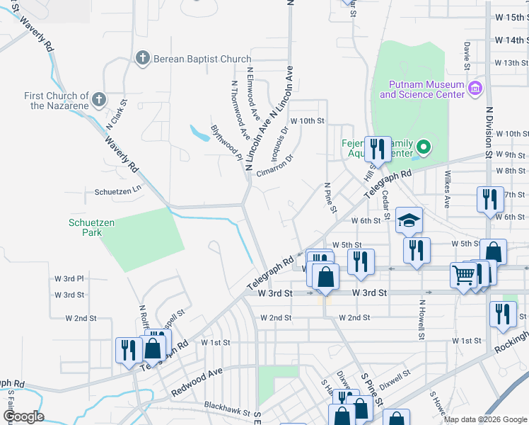 map of restaurants, bars, coffee shops, grocery stores, and more near 610 Cherokee Court in Davenport