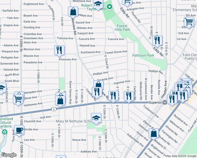 map of restaurants, bars, coffee shops, grocery stores, and more near 11809 Osceola Avenue in Cleveland