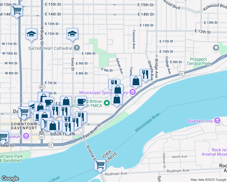 map of restaurants, bars, coffee shops, grocery stores, and more near 742 Charlotte Avenue in Davenport