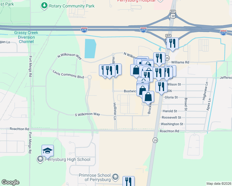 map of restaurants, bars, coffee shops, grocery stores, and more near 5144 Bostwick Road in Perrysburg