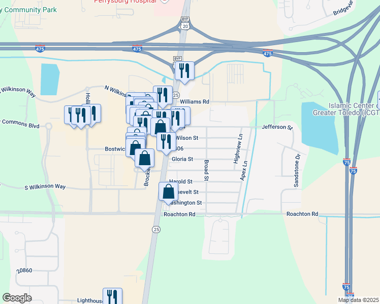 map of restaurants, bars, coffee shops, grocery stores, and more near 12477 406 in Perrysburg