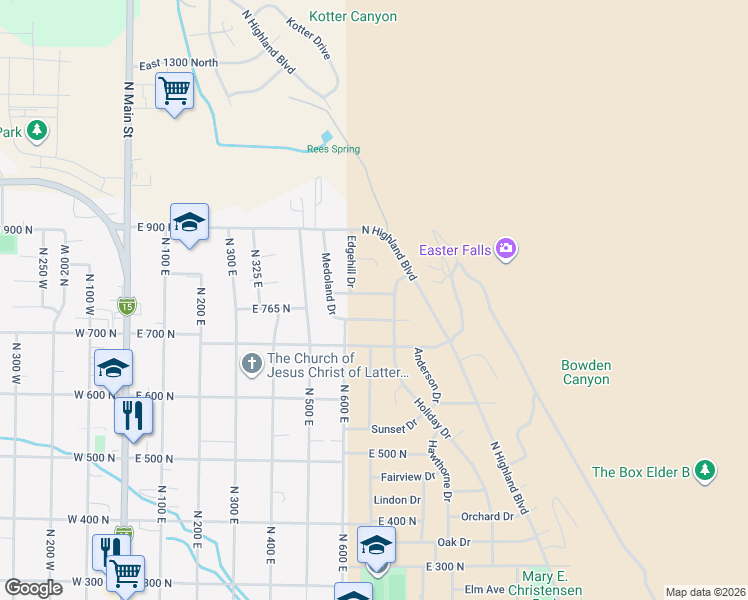 map of restaurants, bars, coffee shops, grocery stores, and more near 652 Shamrock Drive in Brigham City