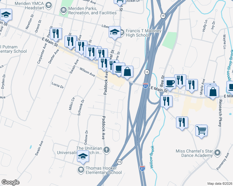 map of restaurants, bars, coffee shops, grocery stores, and more near 47 Jerome Avenue in Meriden