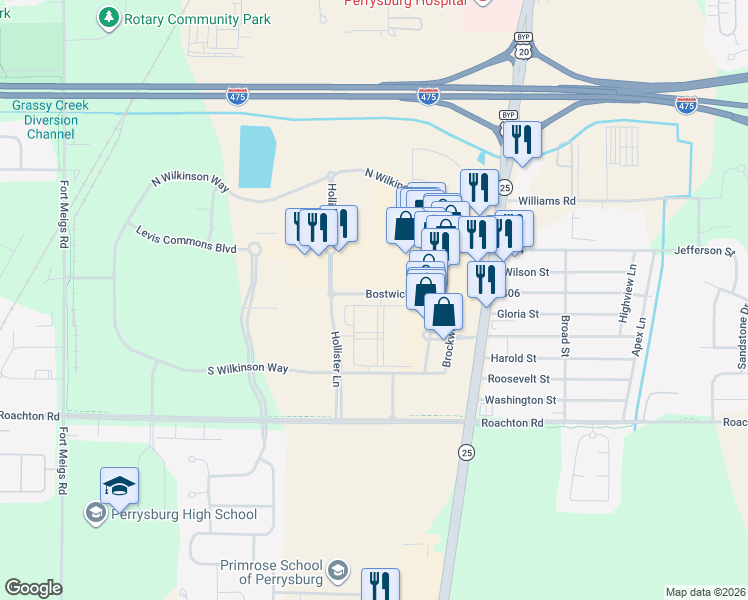 map of restaurants, bars, coffee shops, grocery stores, and more near 5106 Bostwick Road in Perrysburg