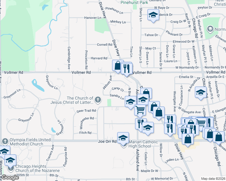 map of restaurants, bars, coffee shops, grocery stores, and more near 420 Carey Court in Chicago Heights