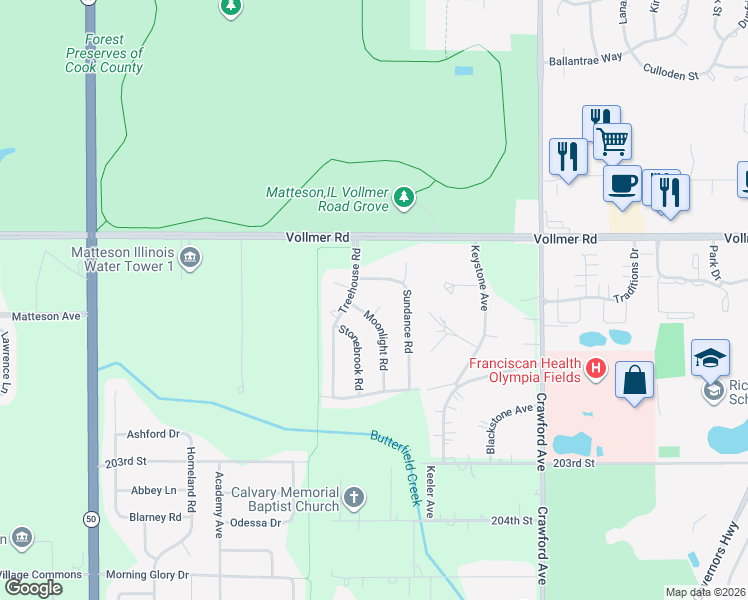 map of restaurants, bars, coffee shops, grocery stores, and more near 56 Moonlight Court in Matteson