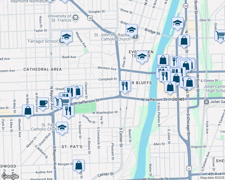 map of restaurants, bars, coffee shops, grocery stores, and more near 406 Oneida Street in Joliet