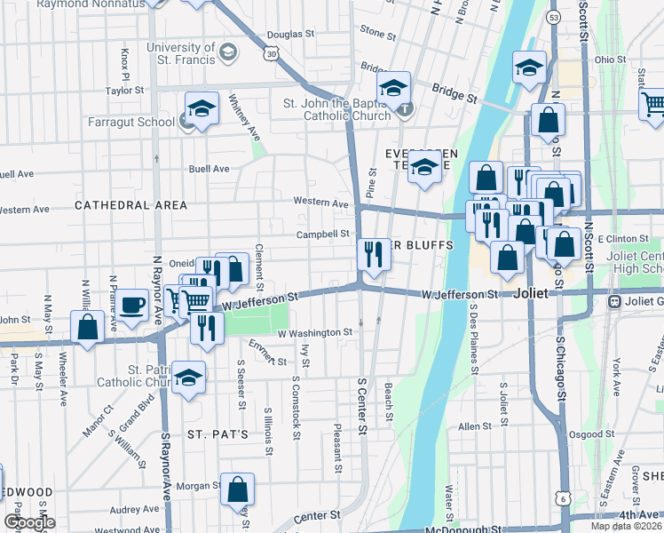map of restaurants, bars, coffee shops, grocery stores, and more near 406 Oneida Street in Joliet