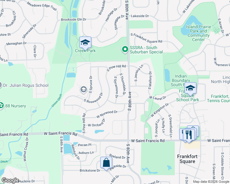 map of restaurants, bars, coffee shops, grocery stores, and more near 20046 S Sycamore Dr in Frankfort