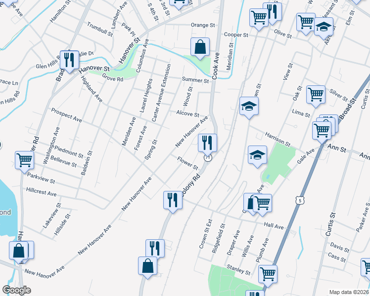 map of restaurants, bars, coffee shops, grocery stores, and more near 102 New Hanover Avenue in Meriden