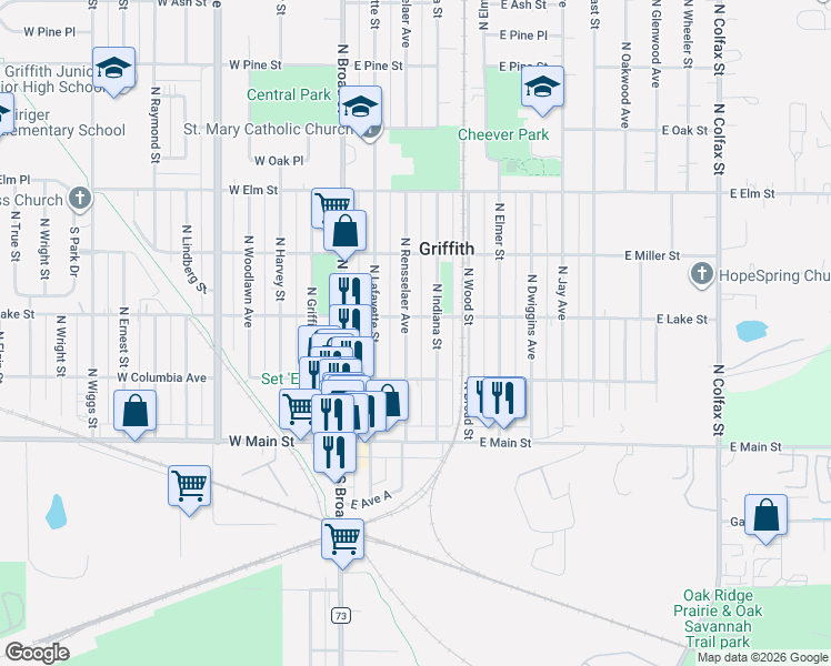 map of restaurants, bars, coffee shops, grocery stores, and more near 238 North Indiana Street in Griffith