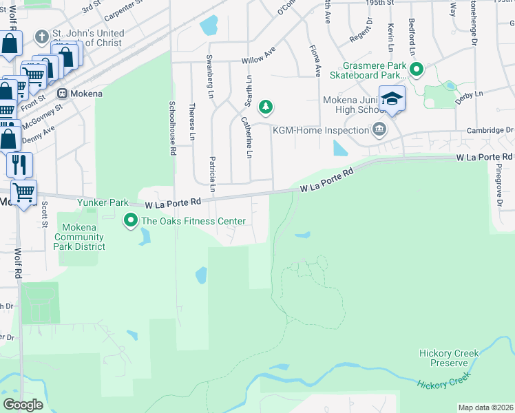 map of restaurants, bars, coffee shops, grocery stores, and more near 20005 Timberview Drive in Mokena