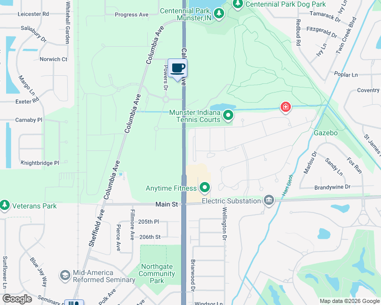 map of restaurants, bars, coffee shops, grocery stores, and more near 10374 Sutton Place in Munster
