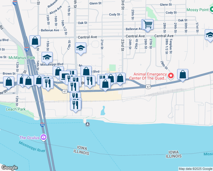 map of restaurants, bars, coffee shops, grocery stores, and more near 2121 Grant Street in Bettendorf