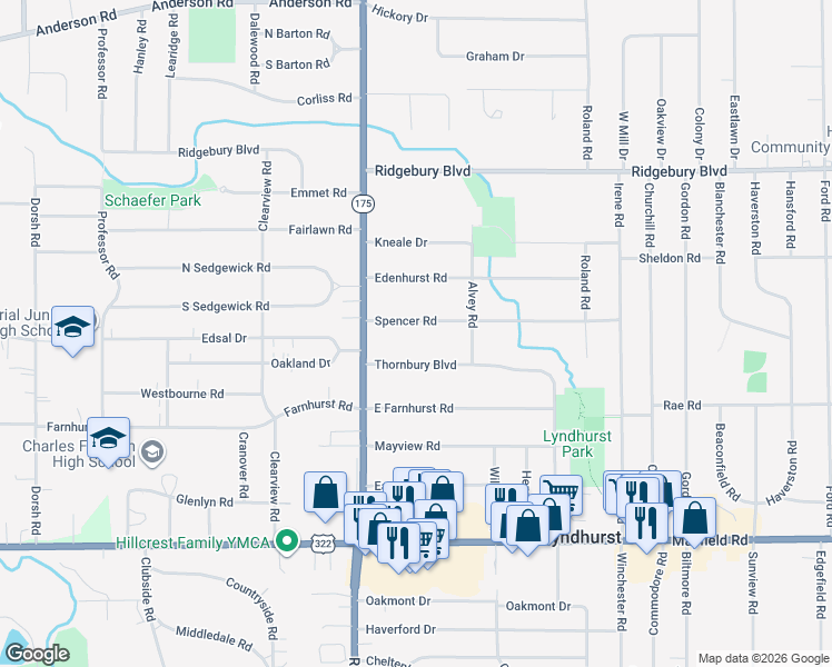 map of restaurants, bars, coffee shops, grocery stores, and more near 5124 Spencer Road in Lyndhurst