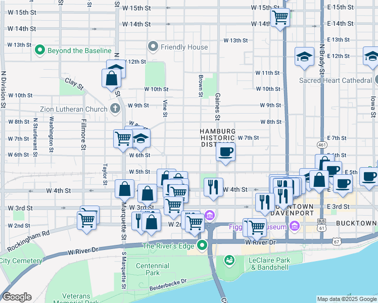 map of restaurants, bars, coffee shops, grocery stores, and more near 824 West 6th Street in Davenport